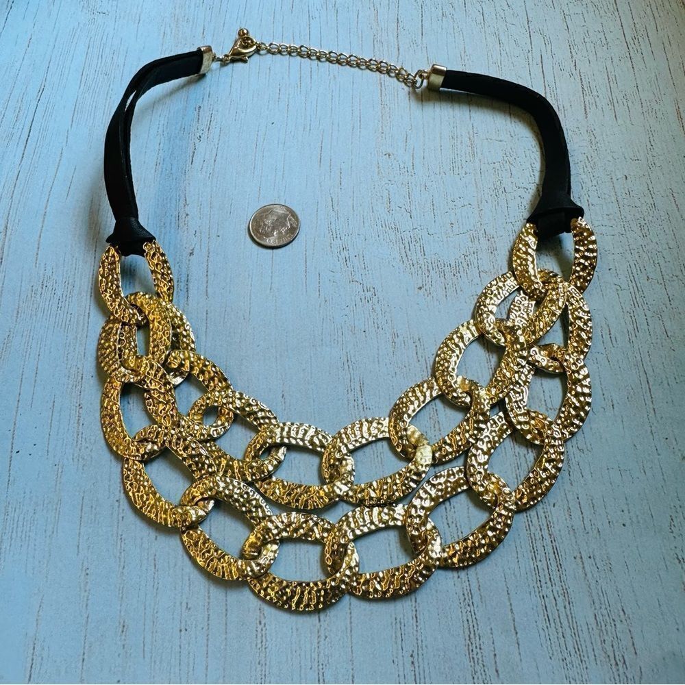 Chunky‎ Gold Hammered Double Strand Link Black Vegan Leather Cord Necklace